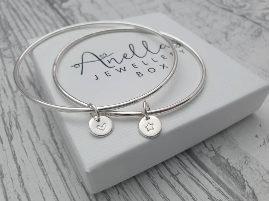 Heart and Star Charm Bangles, Minimal Bangle, Smooth Bangle, Stacking Bangle