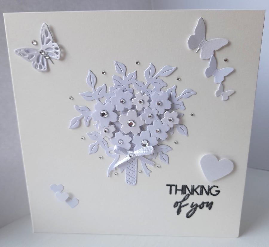 Handmade Sympathy Card – White & Pearlescent Floral Bouquet 