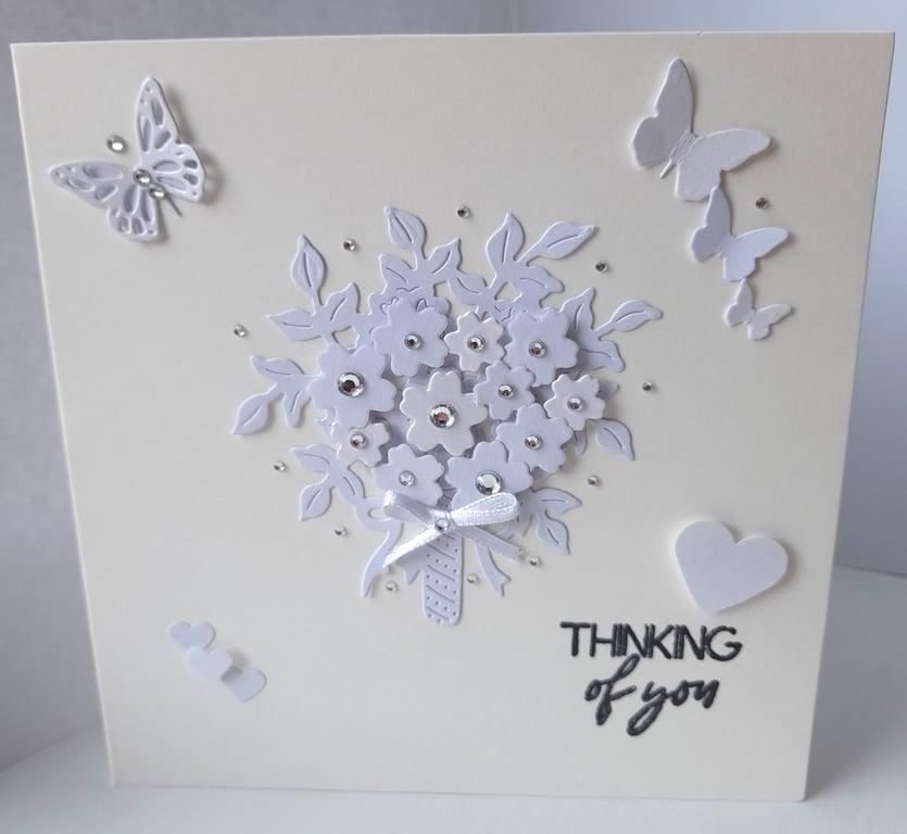 Handmade Sympathy Card – White & Pearlescent Floral Bouquet 
