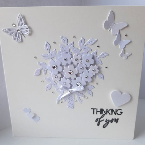 Handmade Sympathy Card – White & Pearlescent Floral Bouquet 