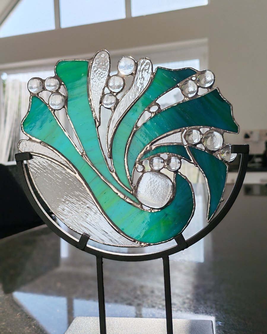 Copper foiled glass wave on metal stand