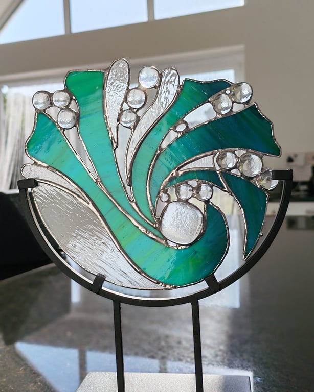 Copper foiled glass wave on metal stand