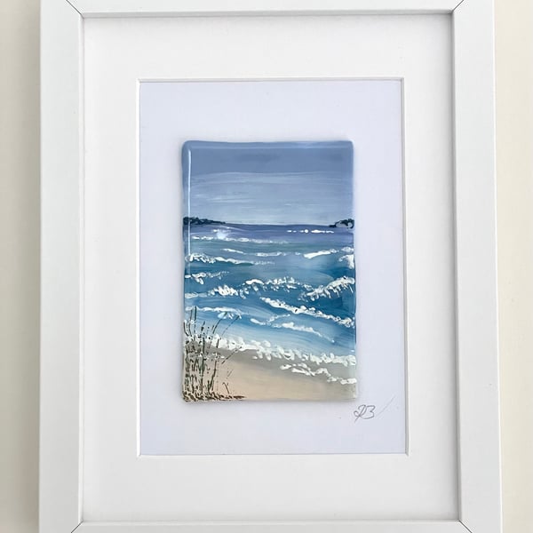 Beautiful hand painted framed medium  enamel fused glass seascape