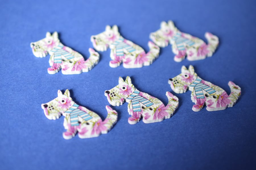Wooden Dog Buttons Purple,Green & White Flowers 6pk 30x20mm Puppy (DG16)