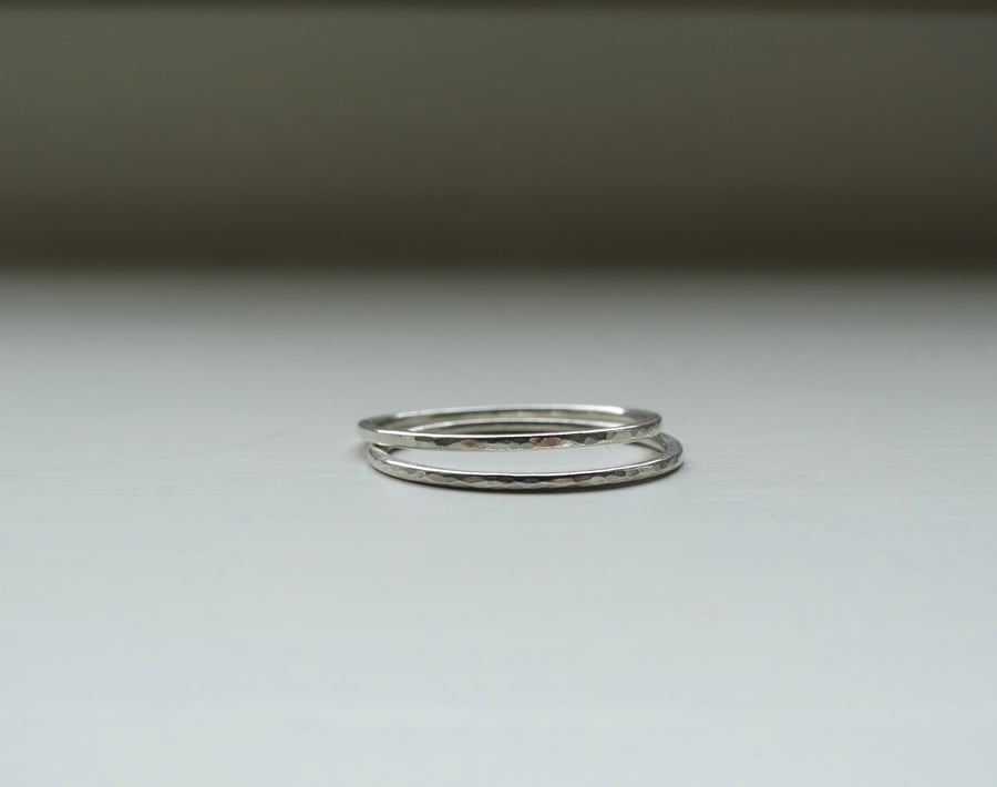 Set of two sterling silver super skinny stacking rings with hammered finish 