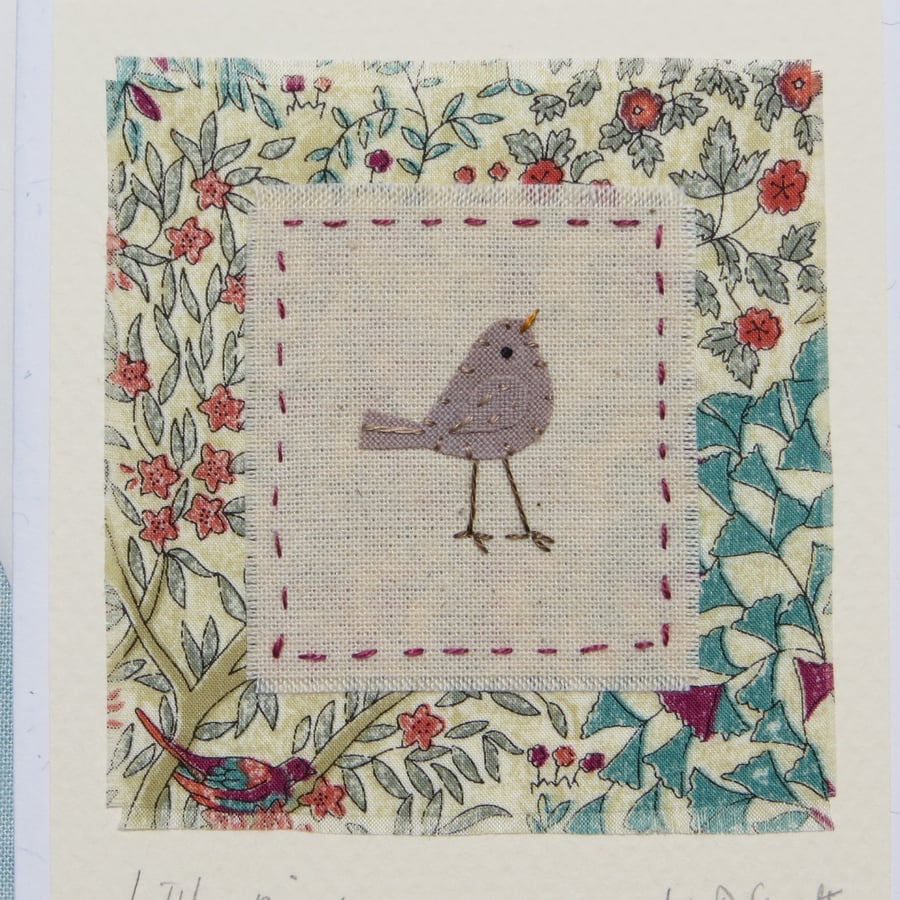 Little Bird, hand-stitched miniature applique on greetings card, a card to keep!