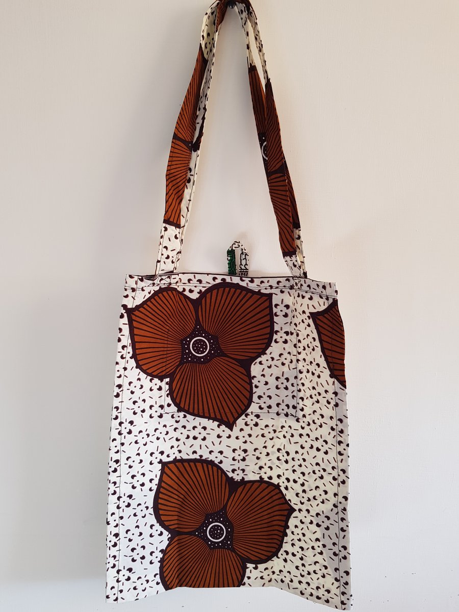 Arican fabric tote bag:cream and brown