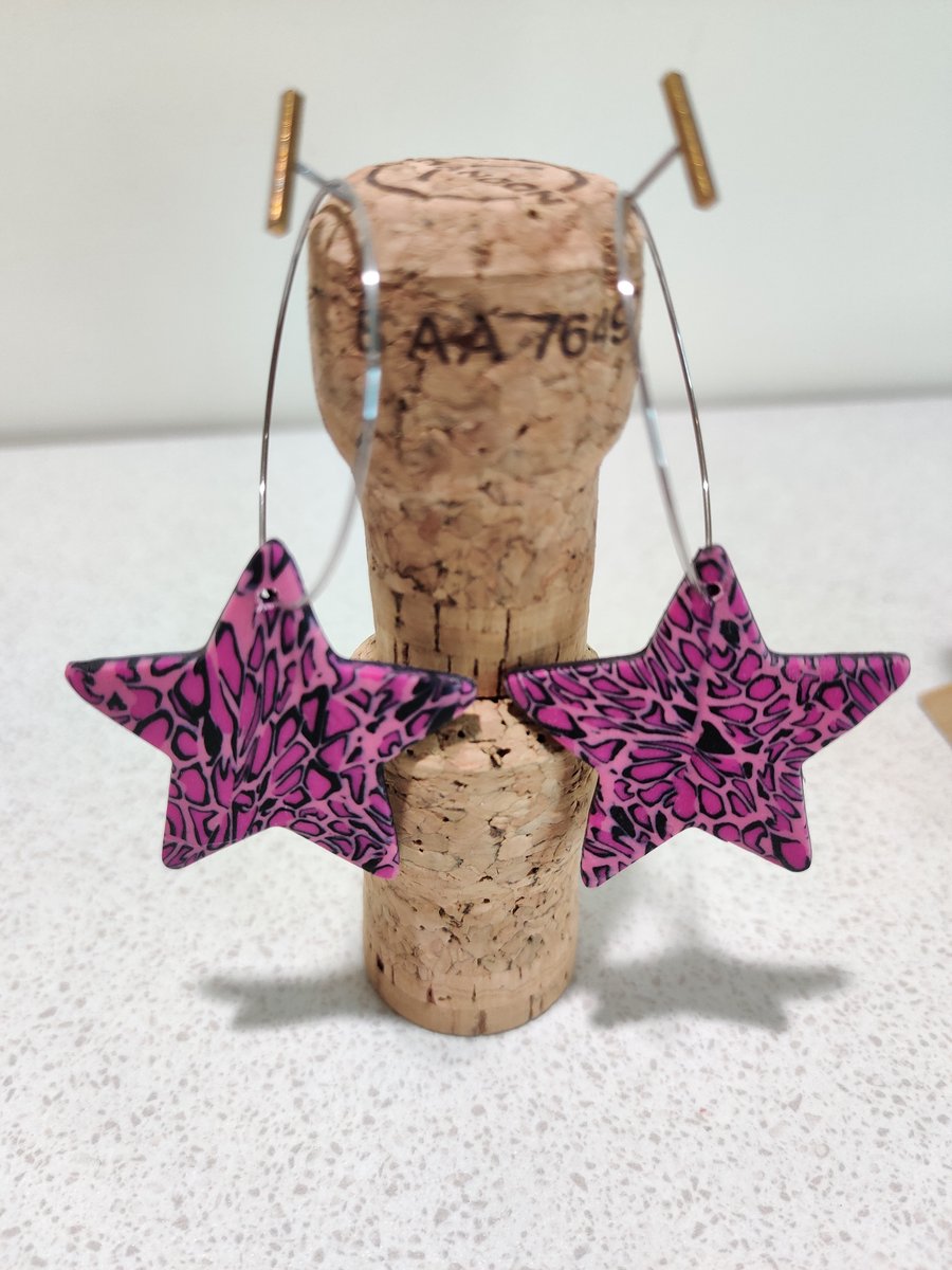 Pink leopard star hoop polymer clay earrings 