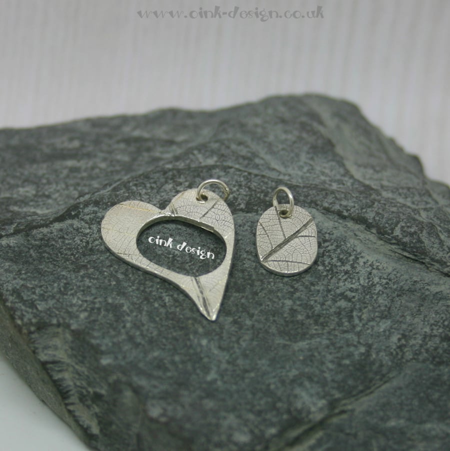 Mummy and Me. Two fine silver leaf patterned pendants