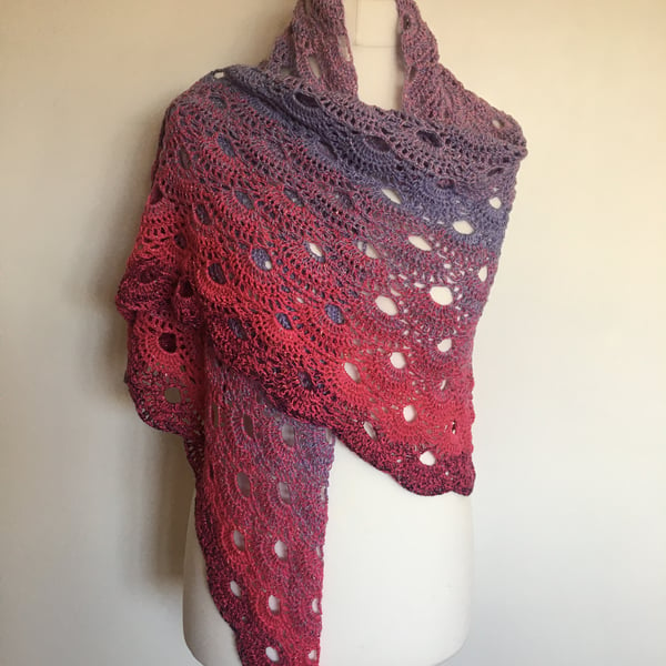 Pink shawl, lilac shawl, hand crochet, sparkly, ladies shawl