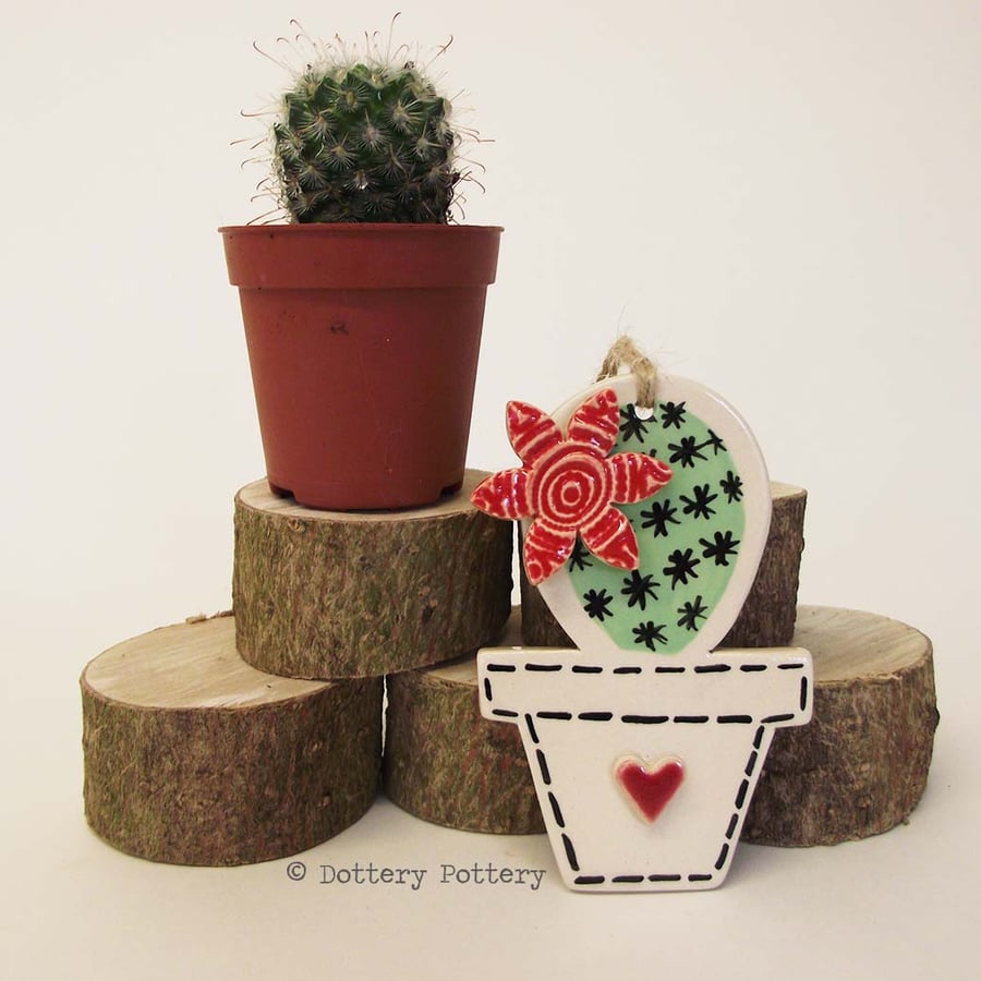 Pottery Cactus Ceramic hanging decoration. Illustrated Cactus pottery decoration