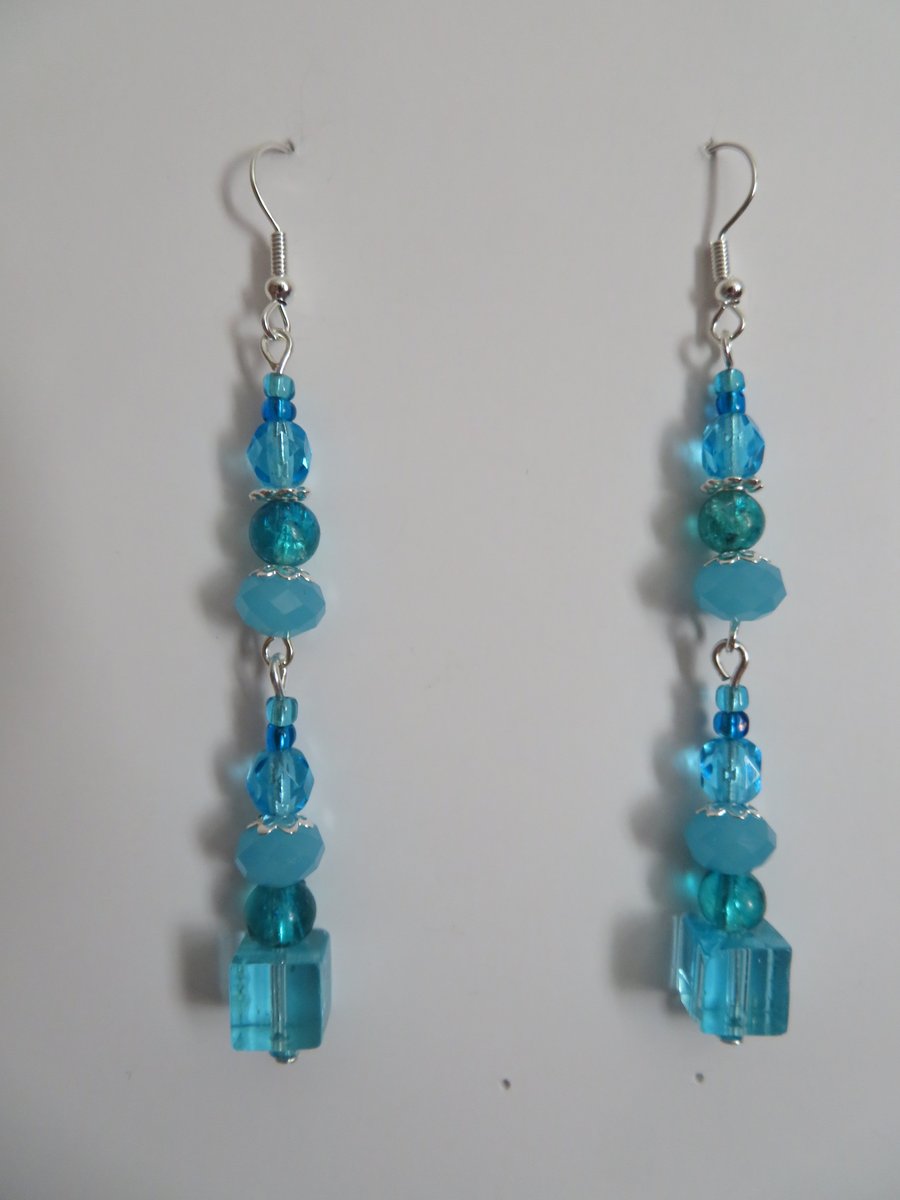 Pretty Turquoise and Aqua Blue Crystal Beaded Long Drop Dangly Earrings