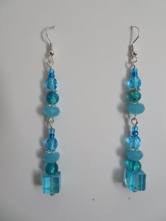 Pretty Turquoise and Aqua Blue Crystal Beaded Long Drop Dangly Earrings