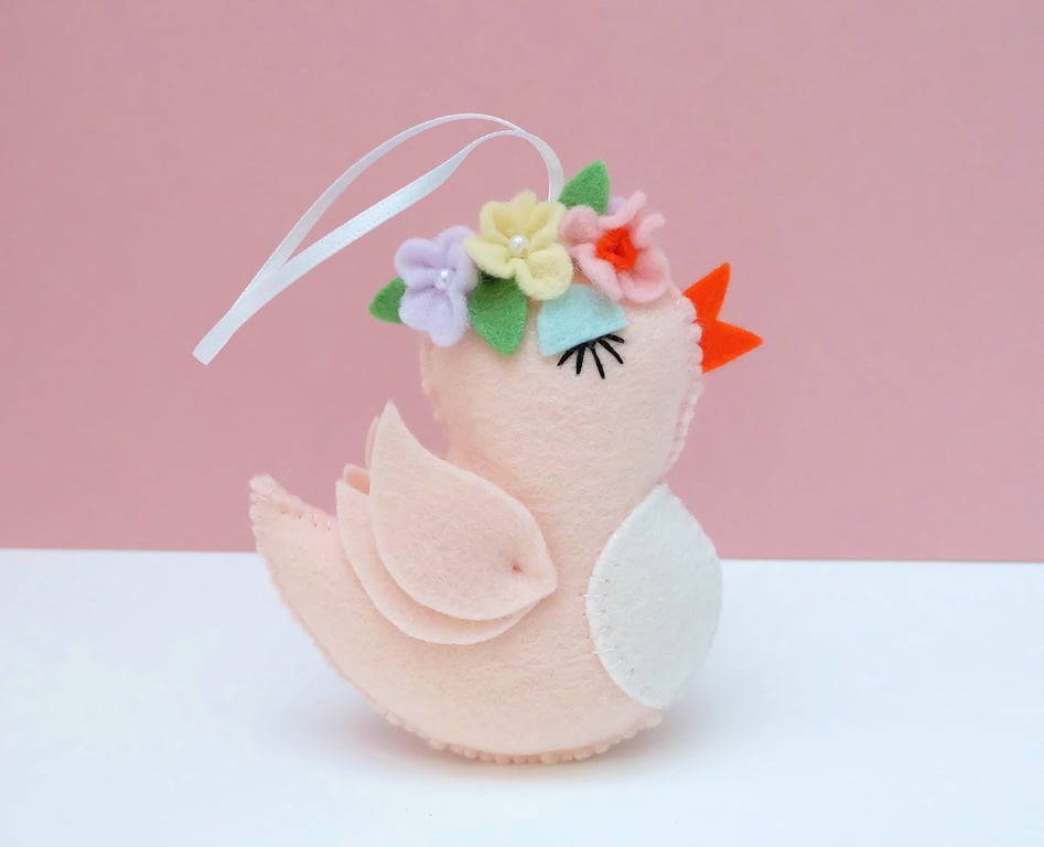 Peach Felt Bird with Flower Crown, Sweet Decoration