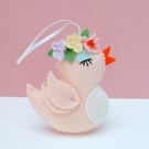 Peach Felt Bird with Flower Crown, Sweet Decoration
