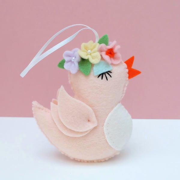 Peach Felt Bird with Flower Crown, Sweet Decoration