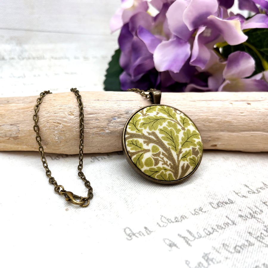 Oak and acorn fabric button pendant William Morris nature lovers gift ideas