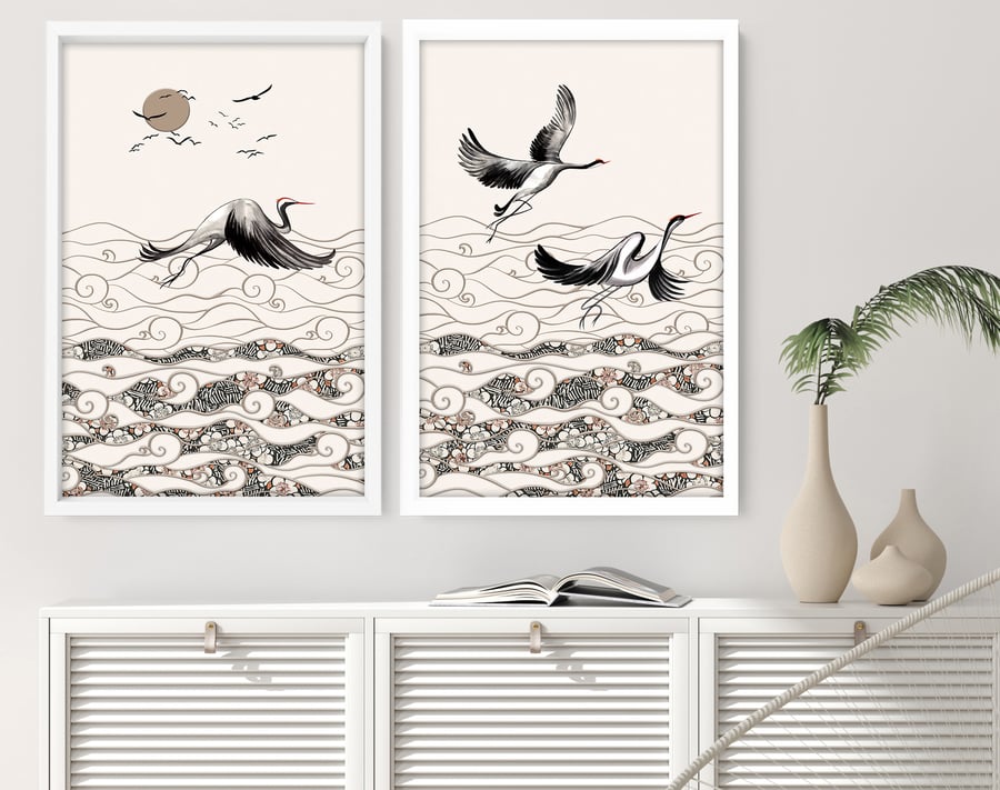 Home Decor Wall hanging, Japanese Art New Home gift, Japanese Cranes Home Decor 