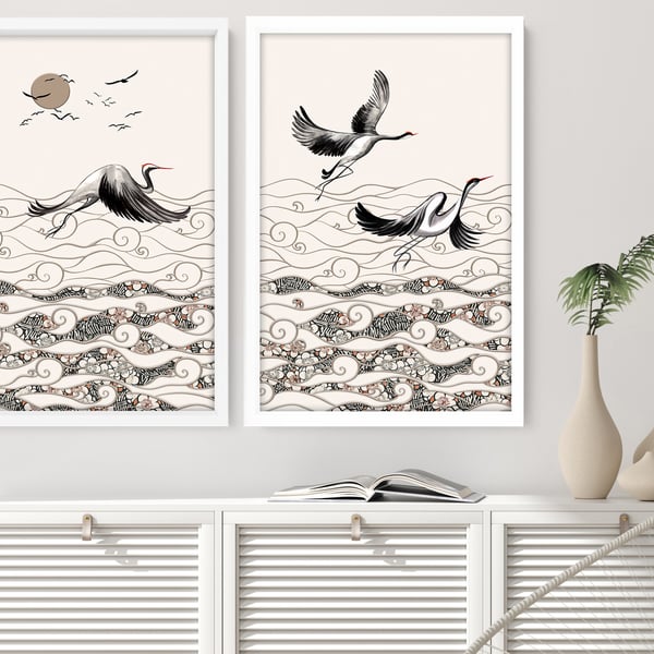 Home Decor Wall hanging, Japanese Art New Home gift, Japanese Cranes Home Decor 