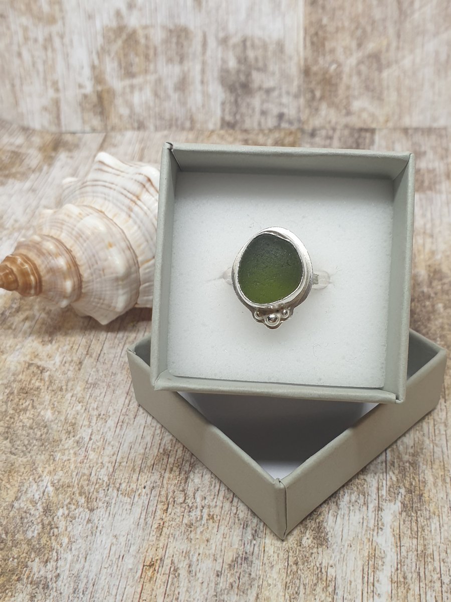 Dark Green Seaham Seaglass Sterling Silver 925 Full Hallmark Ring