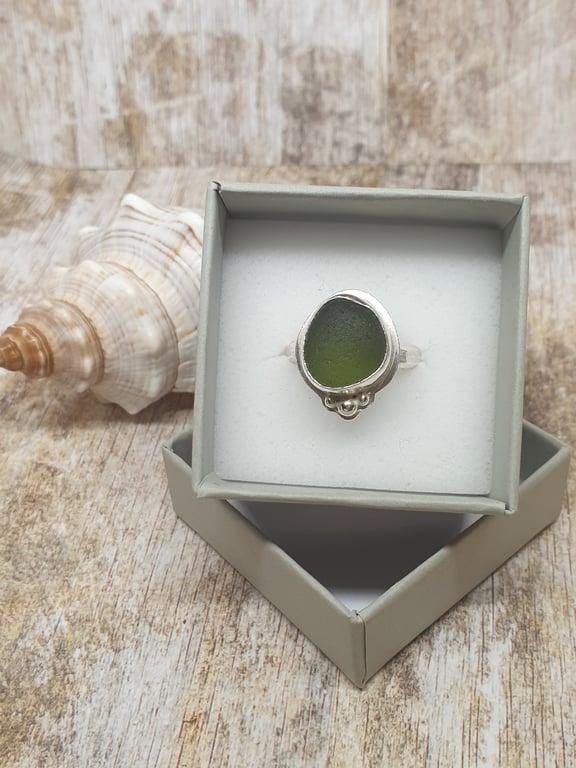 Dark Green Seaham Seaglass Sterling Silver 925 Full Hallmark Ring