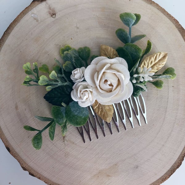 Gold and Ivory flower hair comb