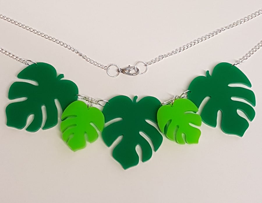 Tropical Palm Leaves Necklace Acrylic - Shades of Green