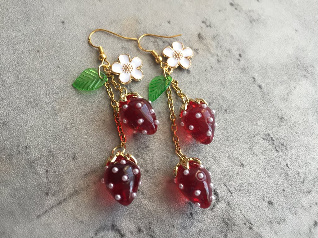 Strawbery Earrings, Dangle Food Earrings, Fruit Jewellery, Dark Red