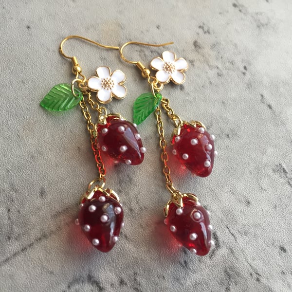 Strawbery Earrings, Dangle Food Earrings, Fruit Jewellery, Dark Red