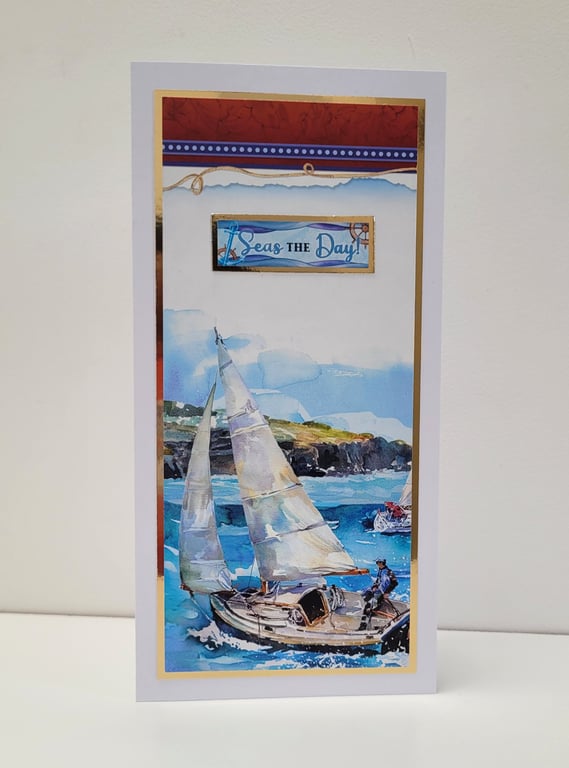 Good Luck Card - Nautical Sailing Boat "Seas the Day" - New Job, Exam, Leaving