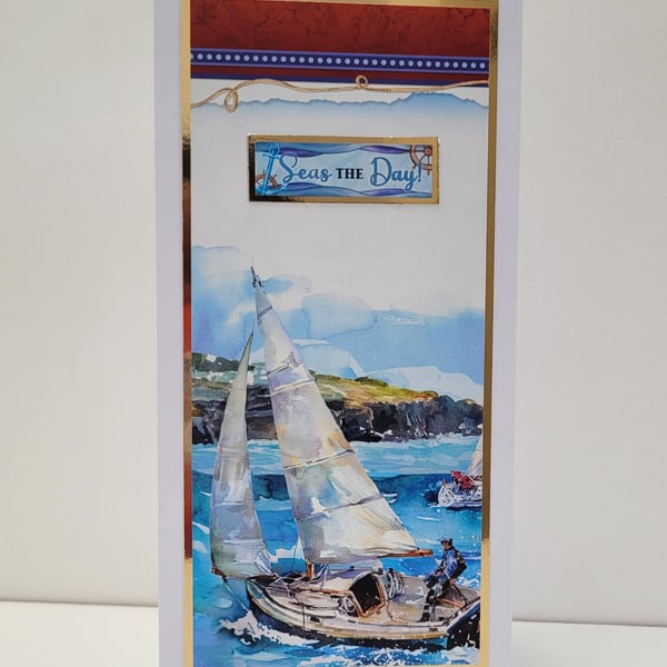 Good Luck Card - Nautical Sailing Boat "Seas the Day" - New Job, Exam, Leaving
