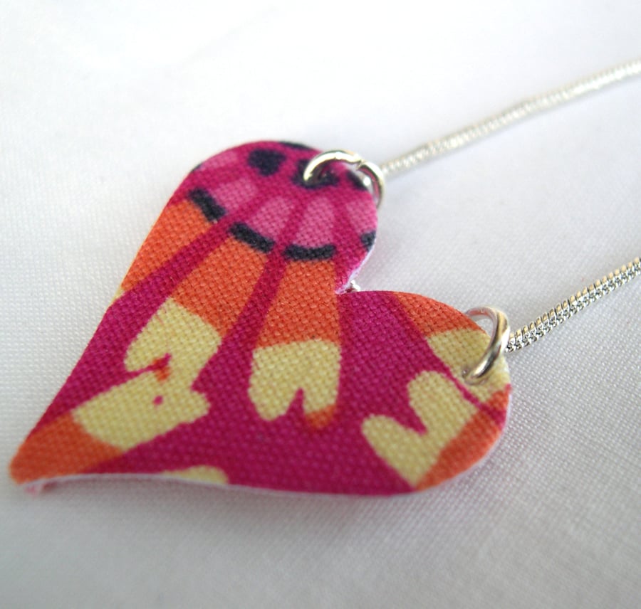 Hot Pink Abstract Hardened Fabric Heart Necklace 