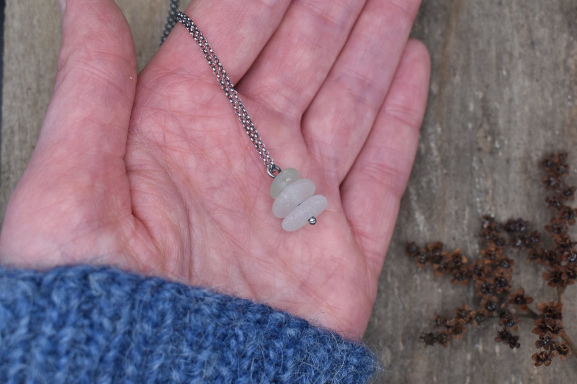 Stacked Sea Glass and Recycled Sterling Silver Necklace, White & Pale Seafoam