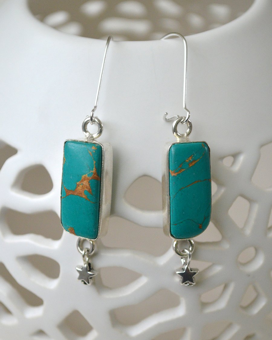 Long Earrings with Turquoise and Silver Stars