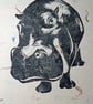 Hippo Open Edition Hand-Pulled Linocut Print Cream - Image 2