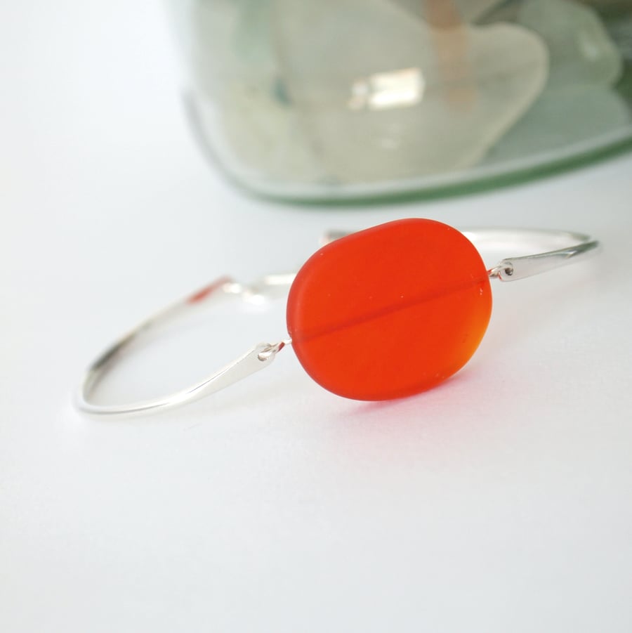 Seaglass and Silver Bracelet in  Orange