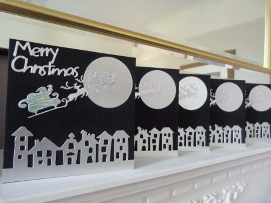 Pack of 5 Santas Sleigh Silver Christmas Cards