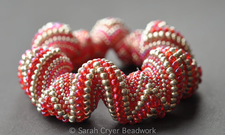 Giant Silver and Raspberry beadwoven bangle