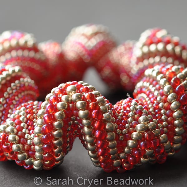 Giant Silver and Raspberry beadwoven bangle