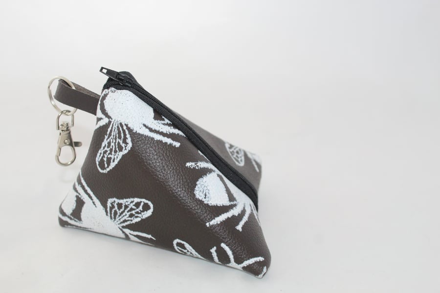 Handmade triangular brown leather pyramid purse,Bee print,key ring pouch, gift