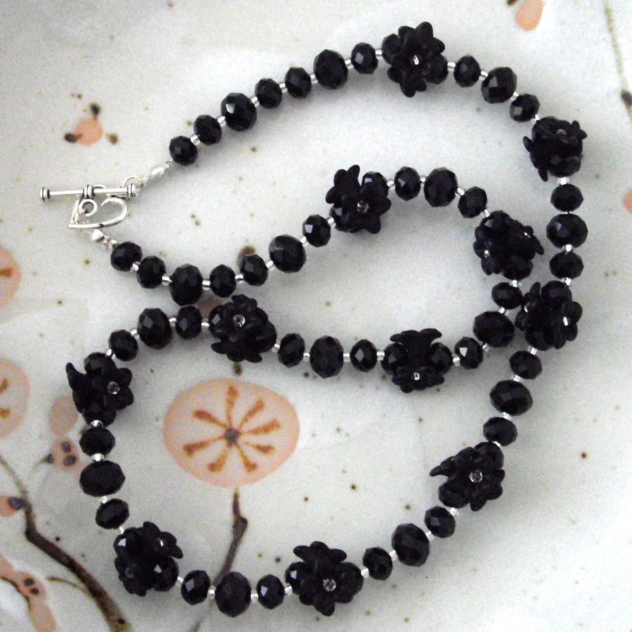Black Flower and Crystal Bead Necklace