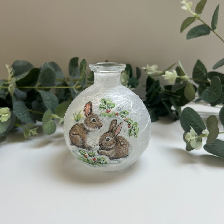 Decoupage Small Glass Bud Vase :Rabbits, Upcycled