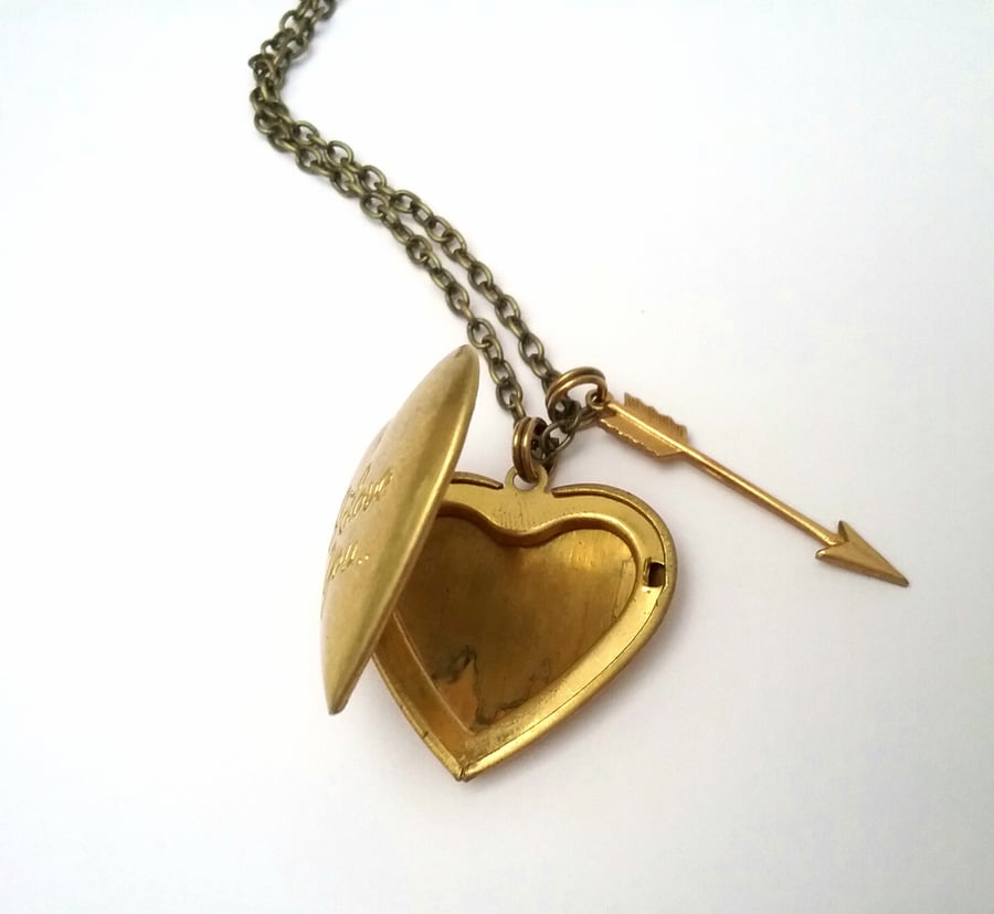 Raw Brass Heart Locket & arrow Necklace 