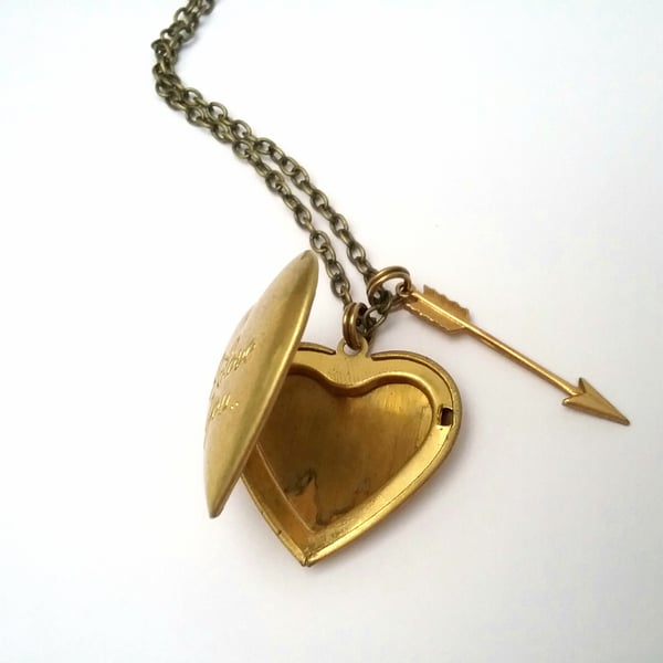 Raw Brass Heart Locket & arrow Necklace 