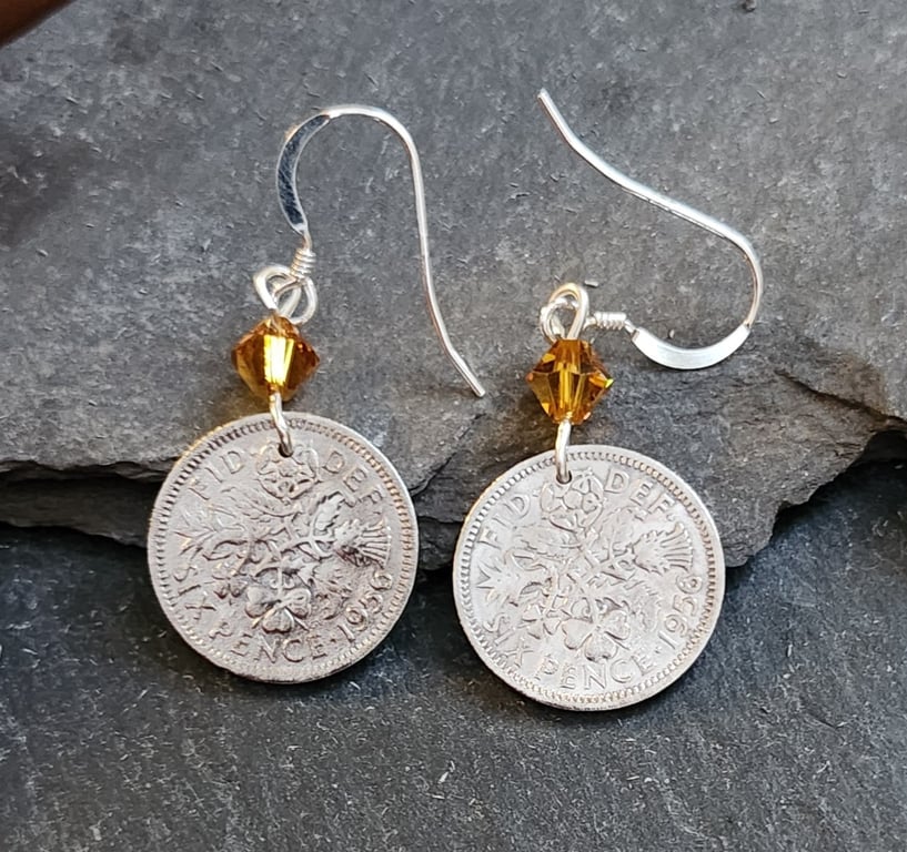 Upcycled sixpence coin earrings with yellow bicone crystals