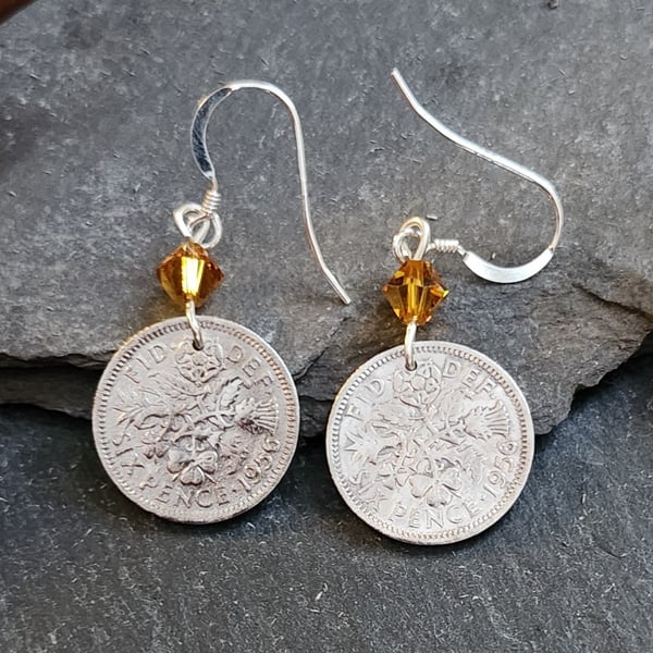 Upcycled sixpence coin earrings with yellow bicone crystals