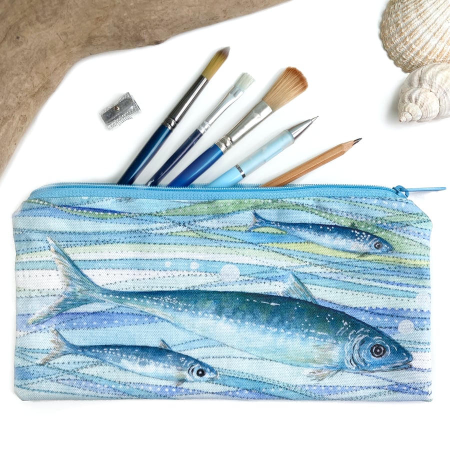 Make Up Bag or Pencil Case - Handmade Nautical Coastal Print with Fish