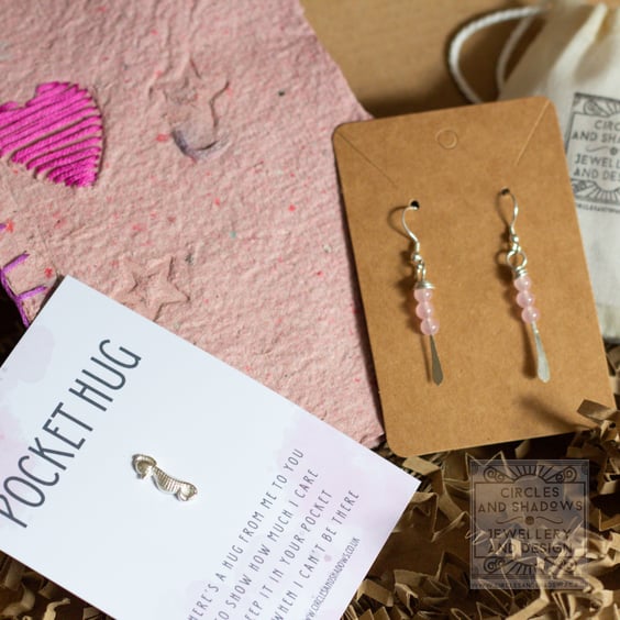 Sterling Silver and Rose Quartz Earring Gift Set Seed Bombs, Pocket Charm, Card