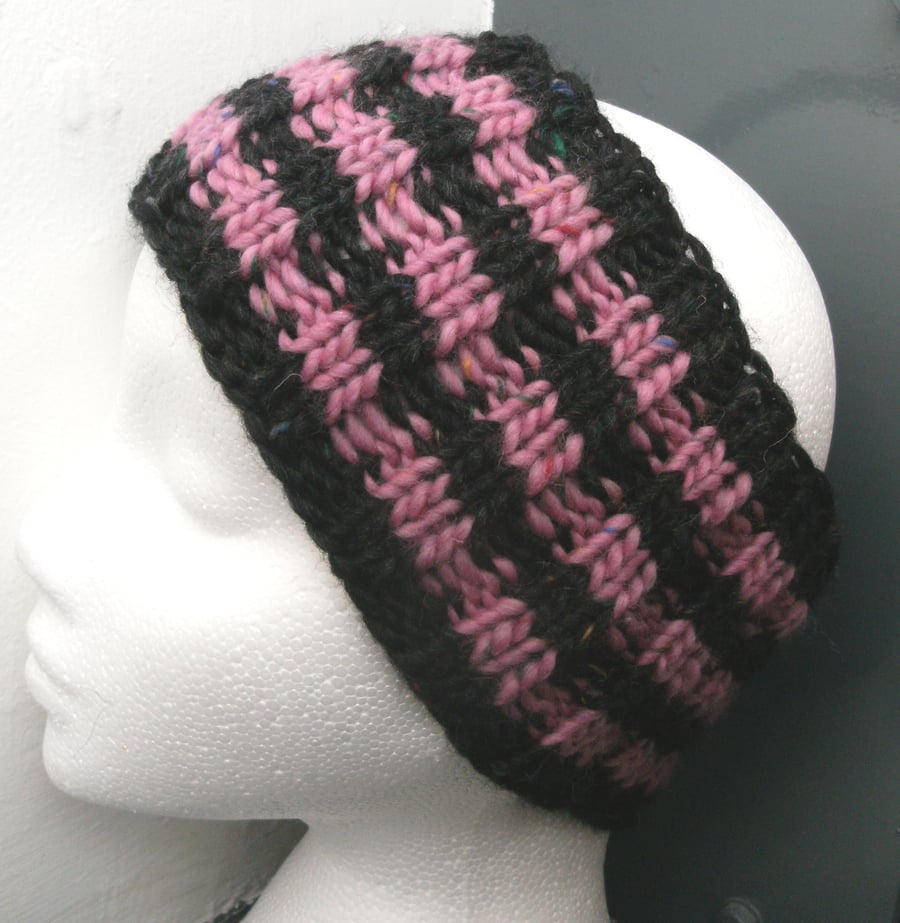 Hand Knitted Merino Headband in Pink & Black Menace style
