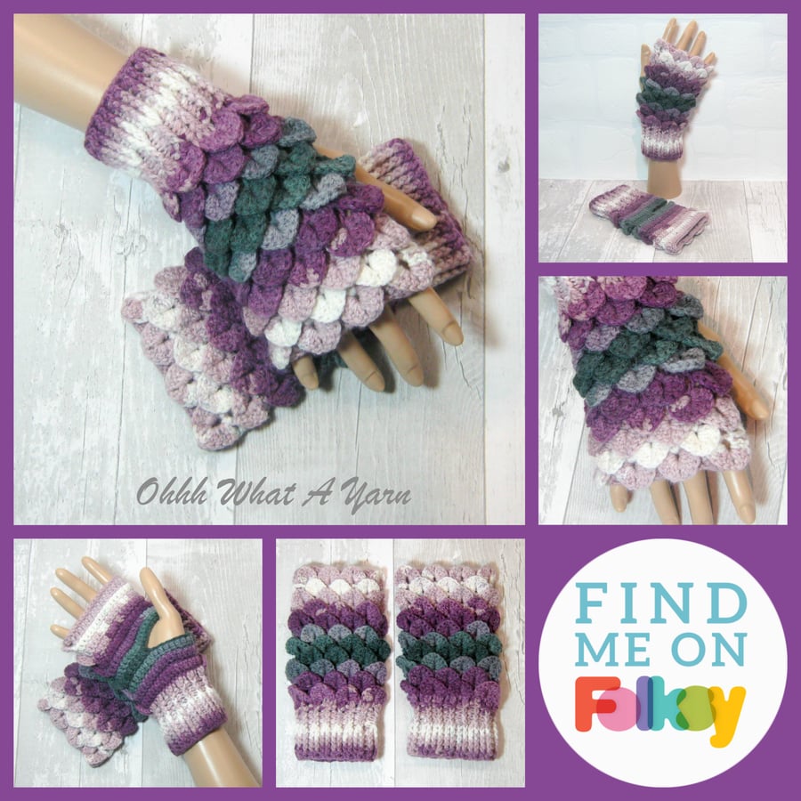 Purple lilac and grey dragon scale gloves. Fingerless gloves. Crocodile stitch. 